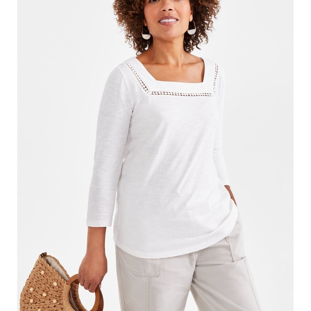 Style & Co Square Neck Top Crochet Trim 3/4 Sleeve White Size S NWT